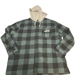 NEFF Men's Flannel Hooded Button Up Long Sleeve Green/Black - Small